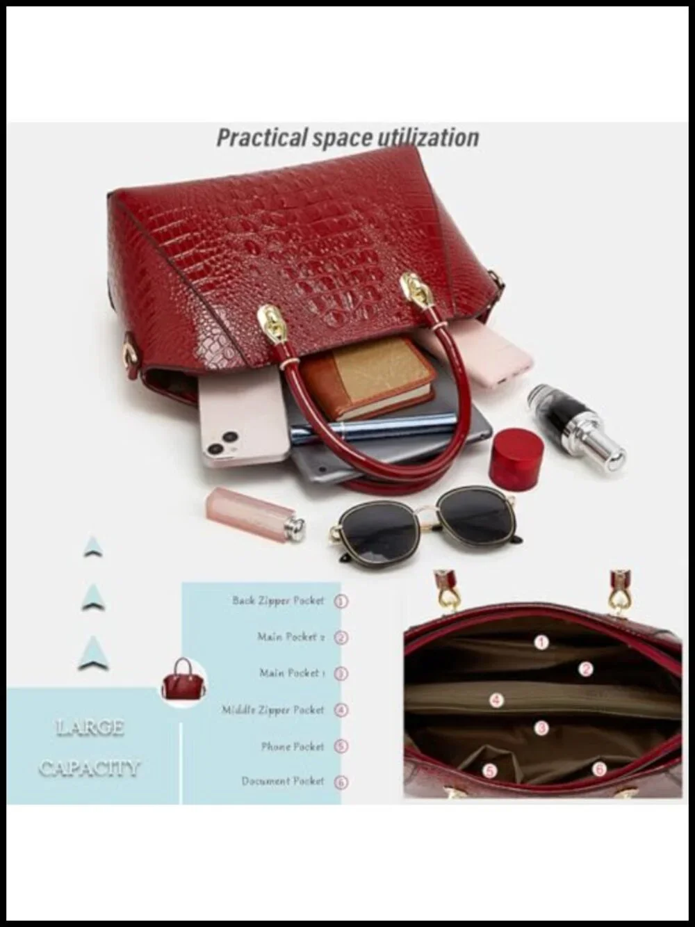 Patent Leather Crocodile Pattern Tote Satchel Work Shoulder Bag